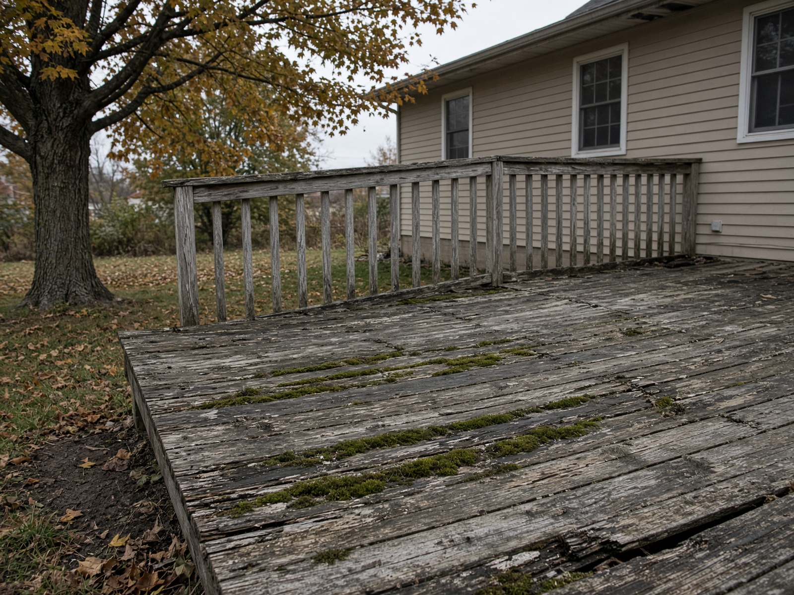 Rotted Minnesota backyard deck before demolition