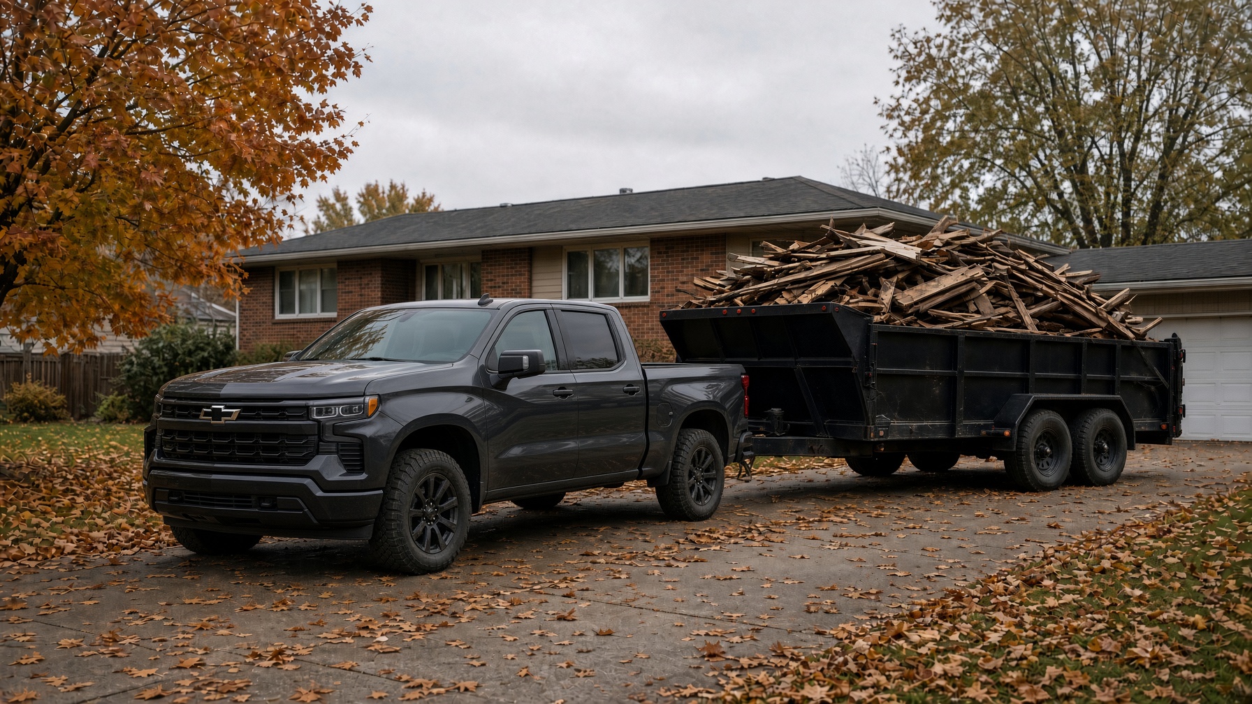 Chevy Silverado 1500 and dump trailer loaded with lumber